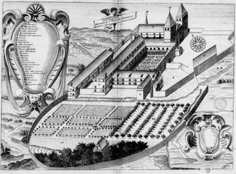 Placa do século XVII gravada representando a abadia de Saint-Pé-de-Bigorre, no livro Monasticon Gallicanum